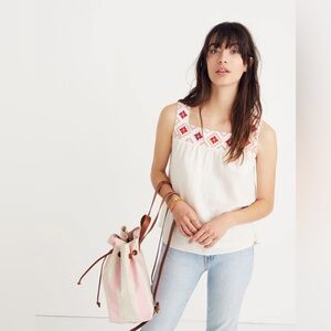 Madewell MD Cream Square Neck Tank Top w/ Red & Pink Embroidery